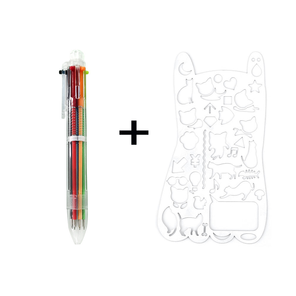 6 인 1 컬러 볼펜 및 고양이 디자인 금속 드로잉 템플릿 편지지 세트, 2 개/세트